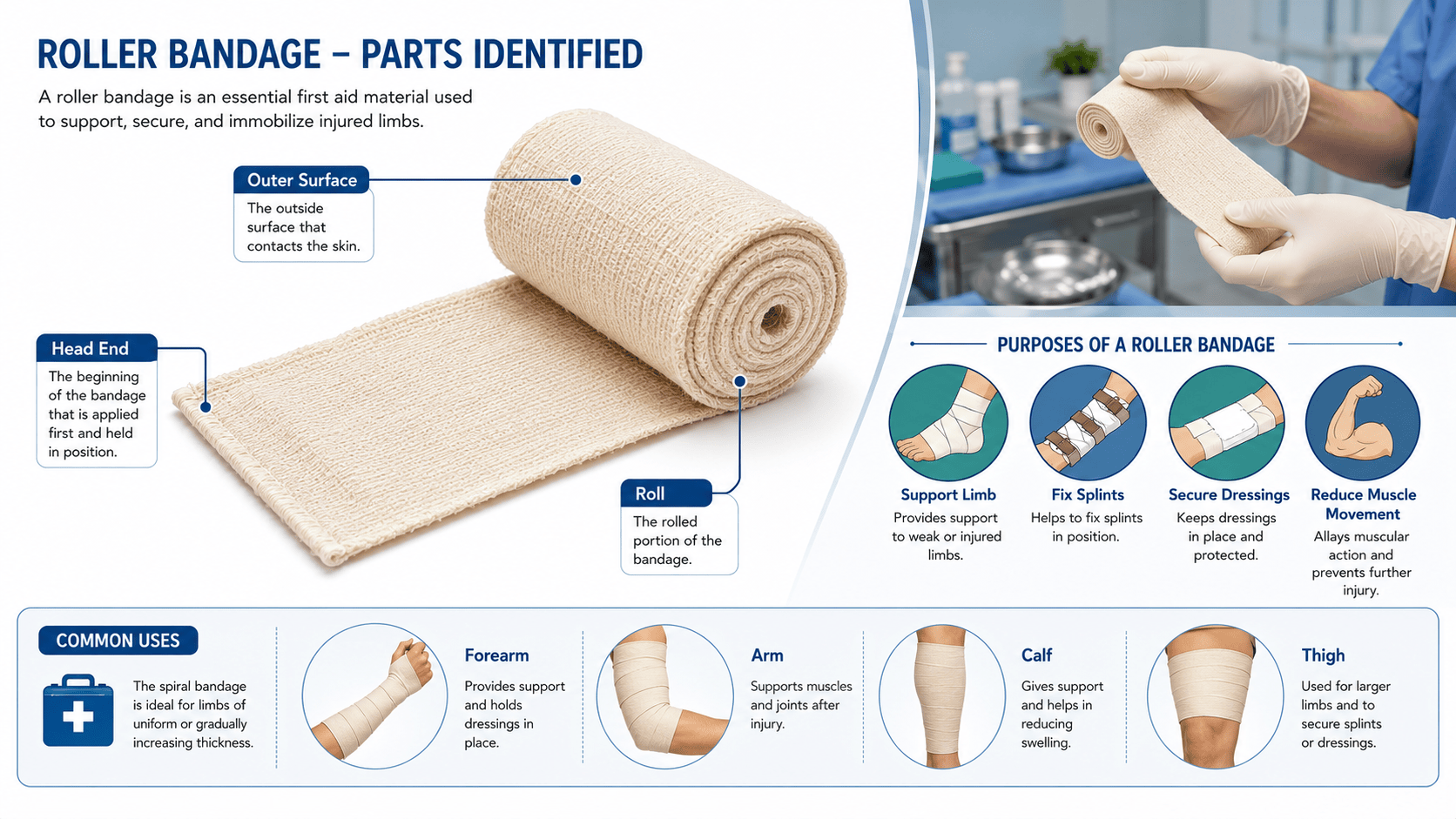Illustration showing a roller bandage with labeled parts