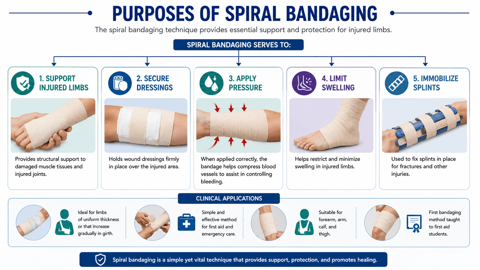 Flowchart showing the purposes of spiral bandaging