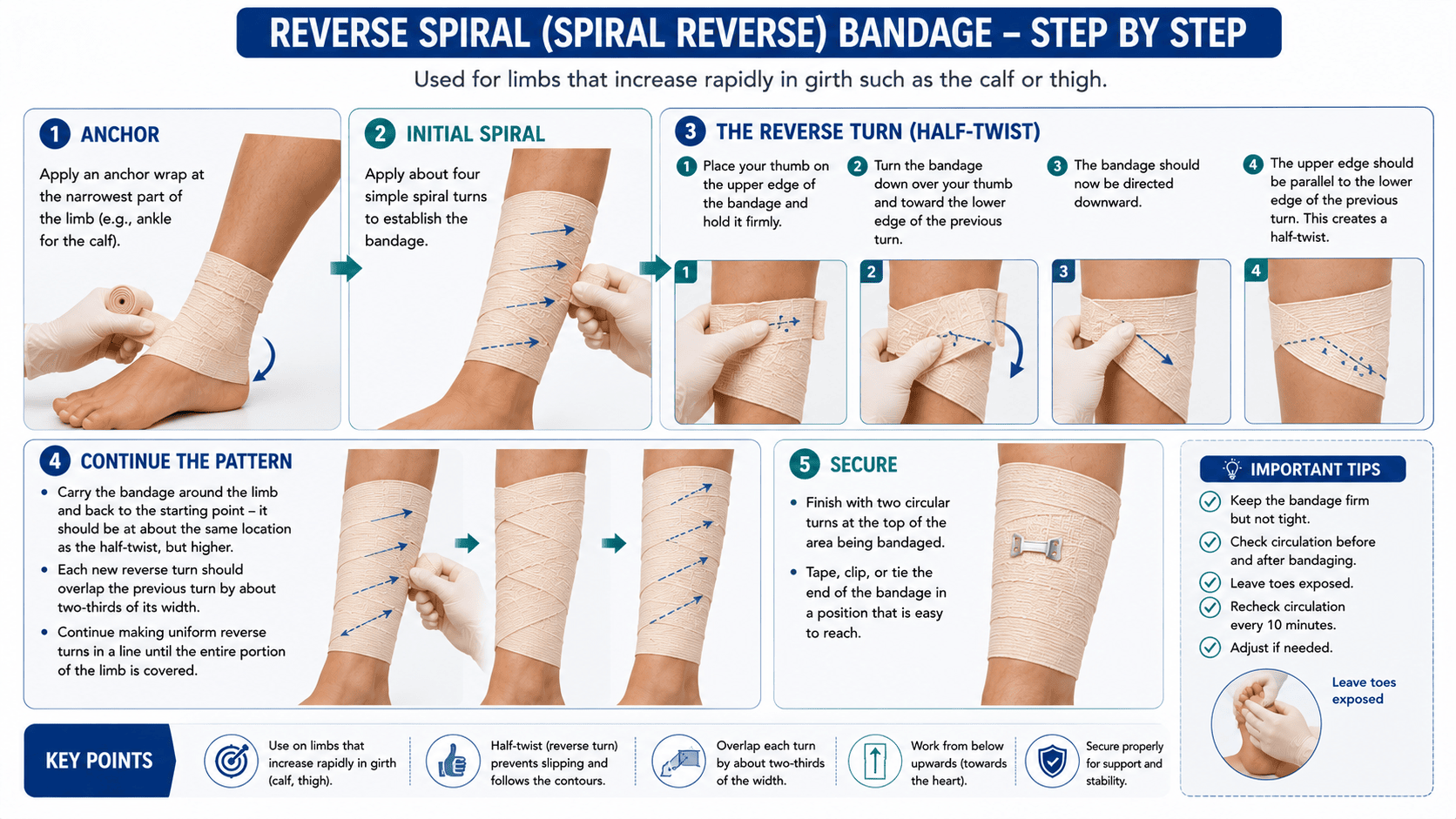 Step-by-Step Procedure for Reverse Spiral Bandage